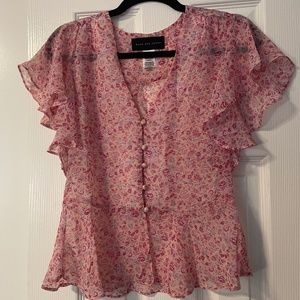 "Know One Cares" Flutter Sleeve V Neck Peplum Top in Pink Floral Sz S